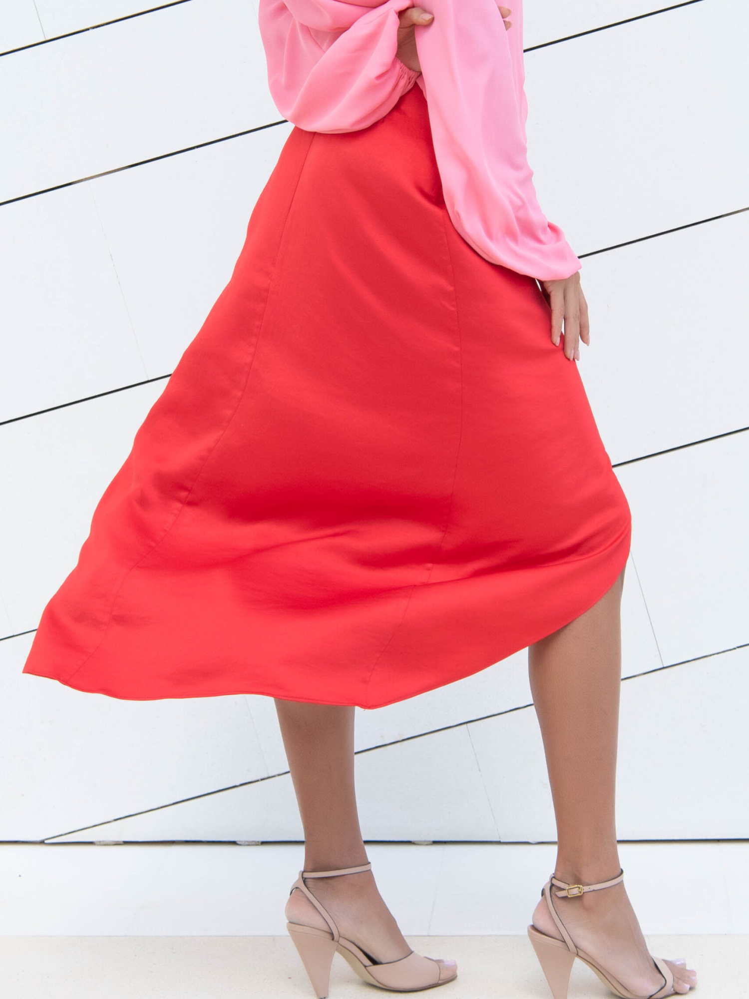 Red Satin Midi Skirt