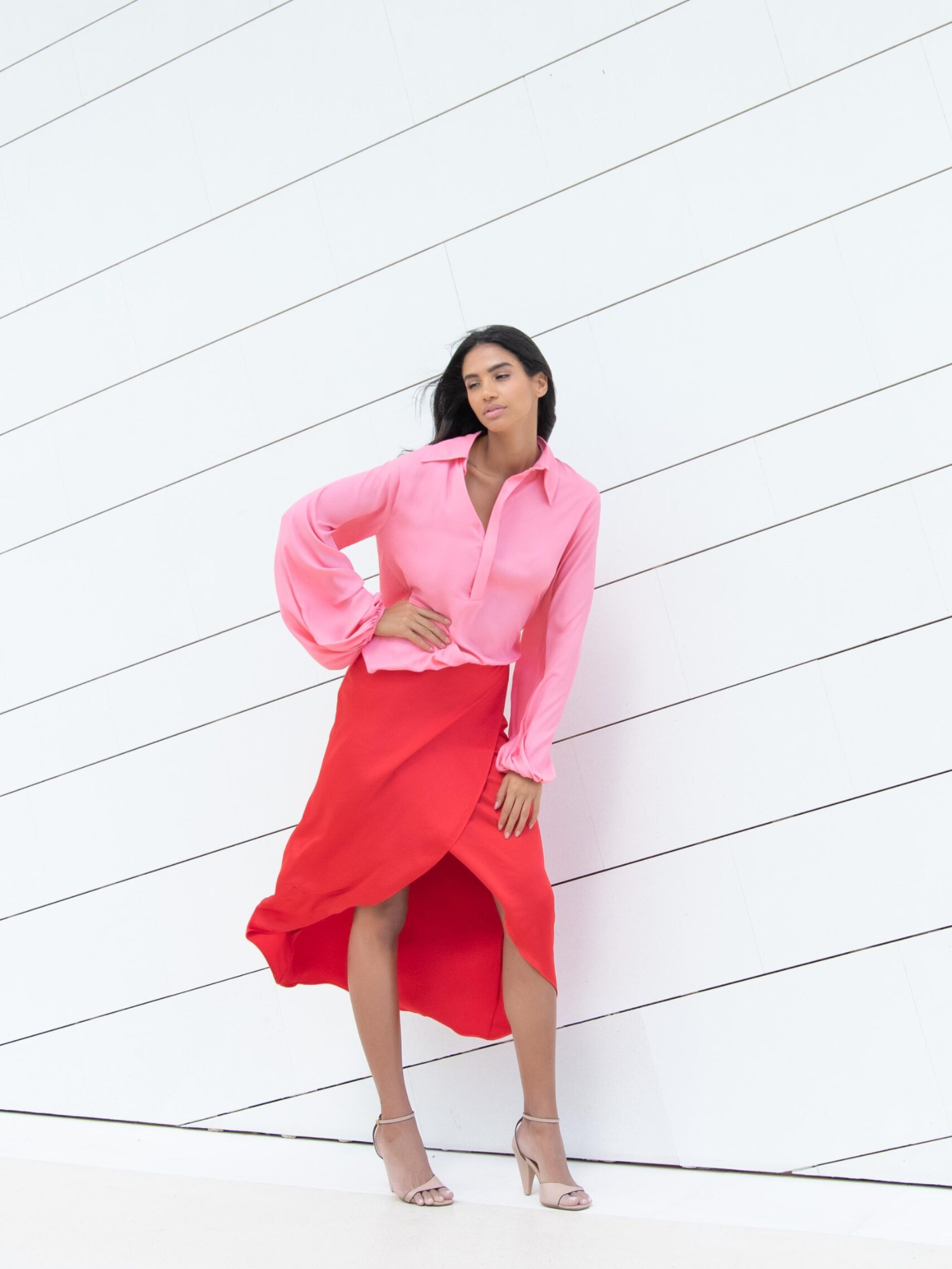 Red Satin Midi Skirt